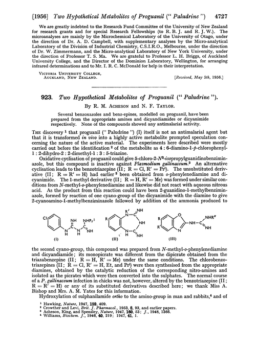 923. Two hypothetical metabolites of proquanil (“paludrine”)