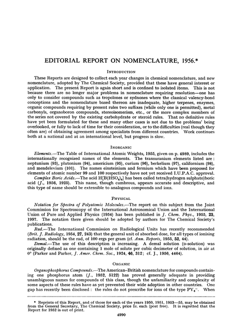 Editorial report on nomenclature, 1956