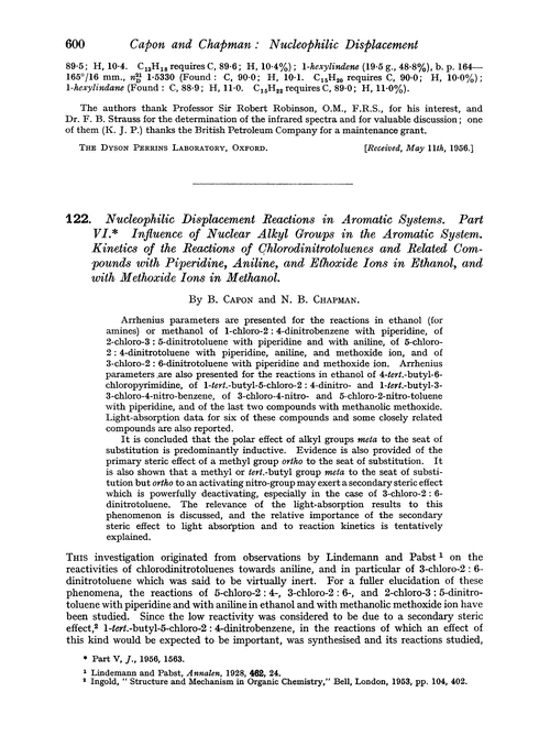 122. Nucleophilic displacement reactions in aromatic systems. Part VI. Influence of nuclear alkyl groups in the aromatic system. Kinetic of the reactions of chlorodinitrotoluenes and related compounds with piperidine, aniline and ethoxide ions in ethanol, and with methoxide ions in methanol