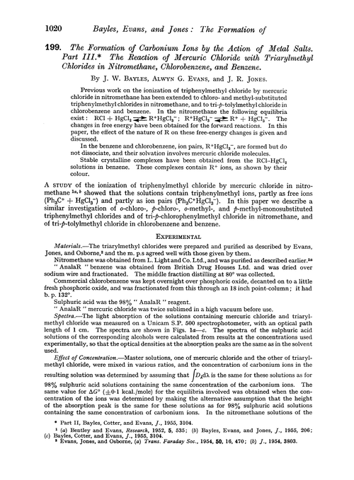 199. The formation of carbonium ions by the action of metal salts. Part III. The reaction of mercuric chloride with triarylmethyl chlorides in nitromethane, chlorobenzene, and benzene