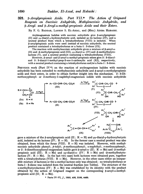 321. β-Aroylpropionic acids. Part VII. The action of Grignard reagents on succinic anhydride, methylsuccinic anhydride, and β-aroyl- and β-aroyl-α-methyl-propionic acids and their esters