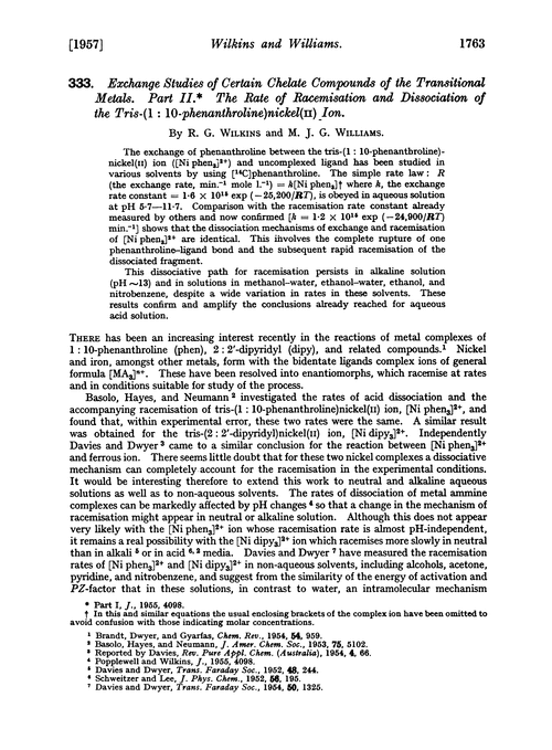333. Exchange studies of certain chelate compounds of the transitional metals. Part II. The rate of racemisation and dissociation of the tris-(1 : 10-phenanthroline)nickel(II) ion