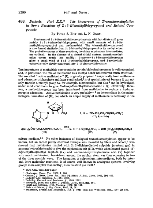 433. Dithiols. Part XX. The occurrence of transthiomethylation in some reactions of 2 : 3-bismethylthiopropanol and related compounds