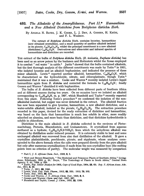 493. The alkaloids of the amaryllidaceae. Part II. Hæmanthine and a new alkaloid distichine from Boöphone disticha herb