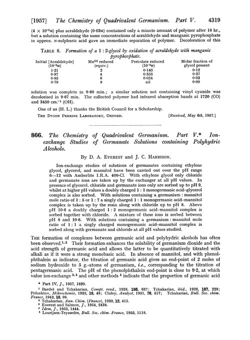866. The chemistry of quadrivalent germanium. Part V. Ion-exchange studies of germanate solutions containing polyhydric alcohols