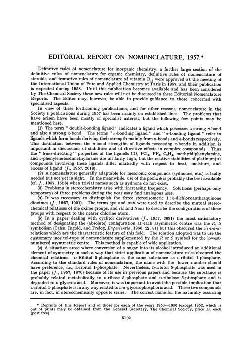 Editorial report on nomenclature, 1957