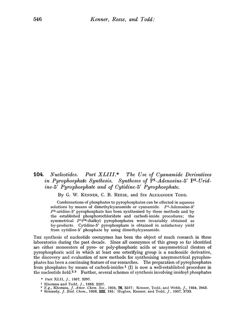 104. Nucleotides. Part XLIII. The use of cyanamide derivatives in pyrophosphate synthesis. Syntheses of P1-adenosine-5′P2-uridine-5′ pyrophosphate and of cytidine-5′ pyrophosphate