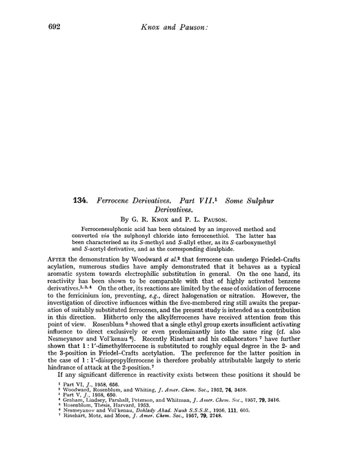 134. Ferrocene derivatives. Part VII. Some sulphur derivatives