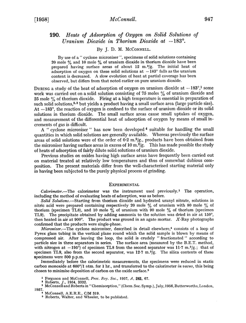 190. Heats of adsorption of oxygen on solid solutions of uranium dioxide in thorium dioxide at –183°