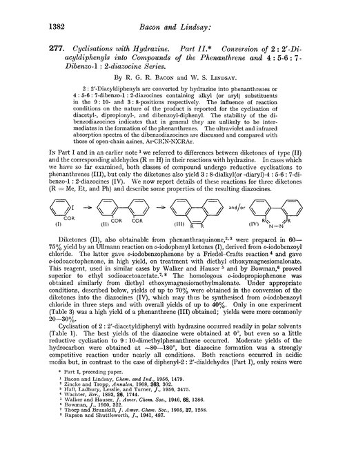 277. Cyclisations with hydrazine. Part II. Conversion of 2 : 2′-diacyldiphenyls into compounds of the phenanthrene and 4 : 5-6 : 7-dibenzo-1 : 2-diazocine series