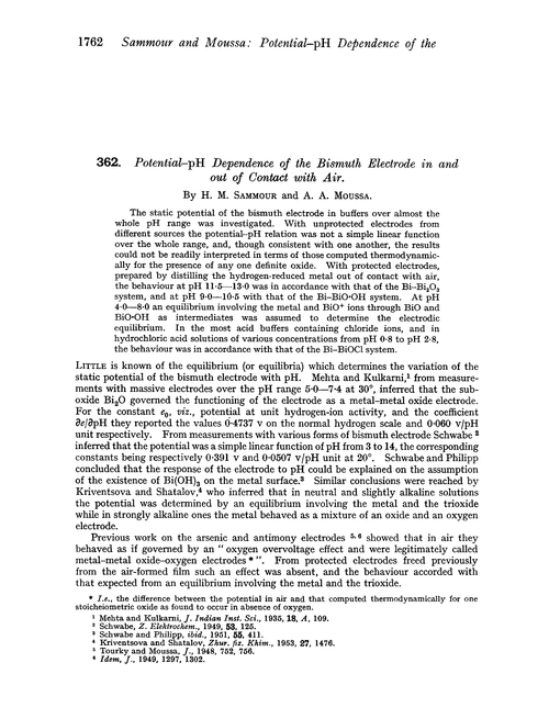 362. Potential–pH dependence of the bismuth electrode in and out of contact with air