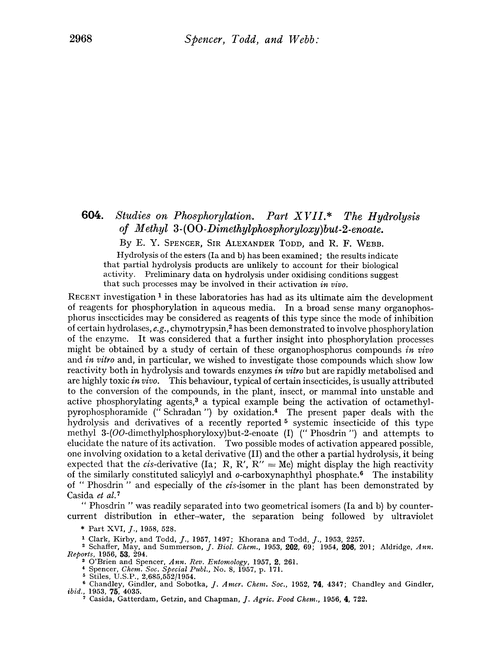 604. Studies on phosphorylation. Part XVII. The hydrolysis of methyl 3-(OO-dimethylphosphoryloxy)but-2-enoate