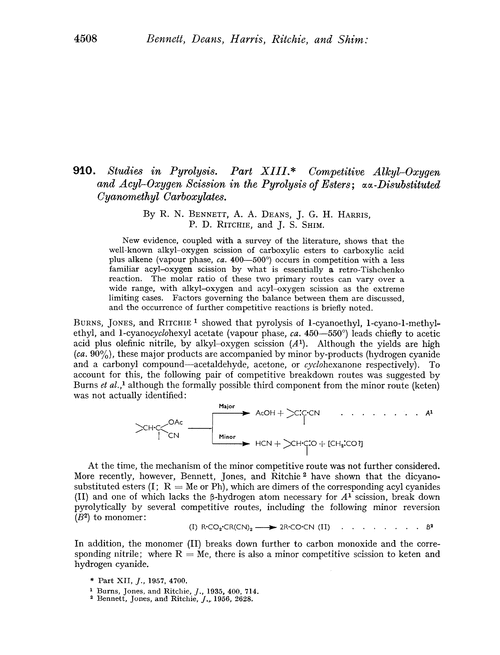 910. Studies in pyrolysis. Part XIII. Competitive alkyl–oxygen and acyl–oxygen scission in the pyrolysis of esters; αα-disubstituted cyanomethyl carboxylates