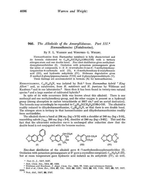 946. The alkaloids of the amaryllidaceae. Part III. Hœmanthamine (natalensine)