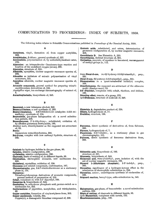 Communications to Proceedings: index of subjects, 1958