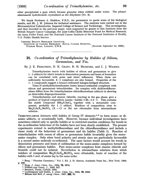 21. Co-ordination of trimethylamine by halides of silicon, germanium, and tin