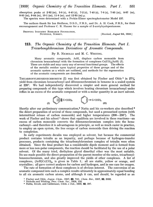 113. The organic chemistry of the transition elements. Part I. Tricarbonylchromium derivatives of aromatic compounds