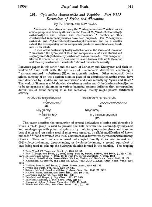 191. Cyto-active amino-acids and peptides. Part VII. Derivatives of serine and threonine