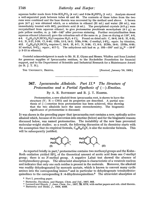 347. Ipecacuanha alkaloids. Part II. The structure of protoemetine and a partial synthesis of (–)-emetine