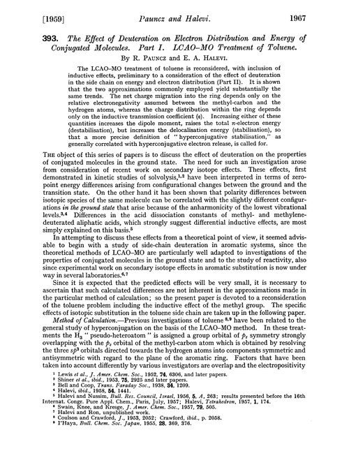 393. The effect of deuteration on electron distribution and energy of conjugated molecules. Part I. LCAO-MO treatment of toluene