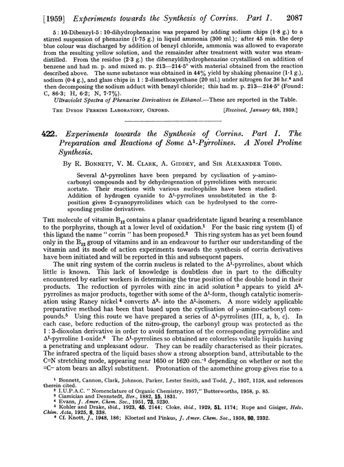 422. Experiments towards the synthesis of corrins. Part I. The preparation and reactions of some Δ1-pyrrolines. A novel proline synthesis
