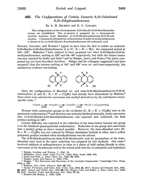 482. The configurations of certain isomeric 9,10-substituted 9,10-dihydroanthracenes