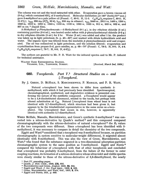 680. Tocopherols. Part V. Structural studies on Îµ- and ζ-tocopherol