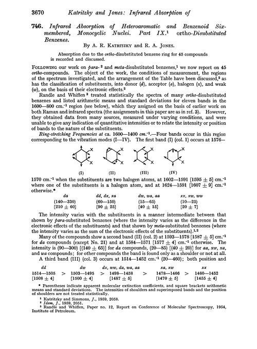 746. Infrared absorption of heteroaromatic and benzenoid six-membered, monocyclic nuclei. Part IX. Ortho-disubstituted benzenes