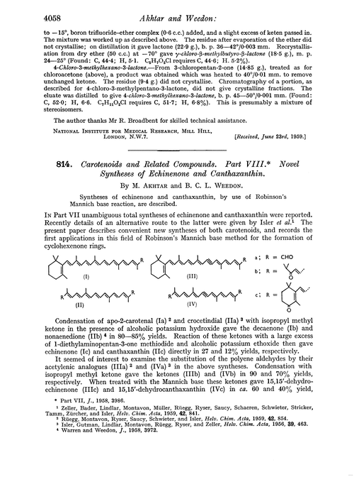 814. Carotenoids and related compounds. Part VIII. Novel syntheses of echinenone and canthaxanthin