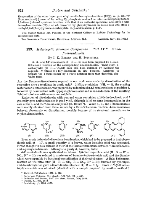 139. Heterocyclic fluorine compounds. Part IV. Monofluoroindazoles