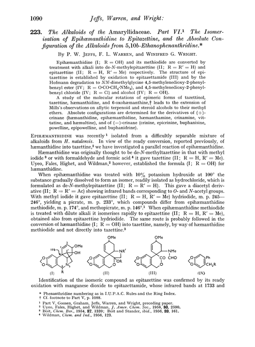 223. The alkaloids of the amaryllidaceae. Part VI. The isomerisation of epihœmanthidine to epitazettine, and the absolute configuration of the alkaloids from 5,10b-ethanophenanthridine