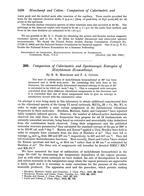 289. Comparison of calorimetric and spectroscopic entropies of molybdenum hexacarbonyl