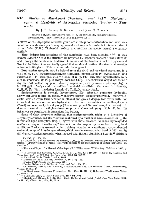 437. Studies in mycological chemistry. Part VII. Sterigmatocystin, a metabolite of Aspergillus versicolor(Vuillemin) tiraboschi