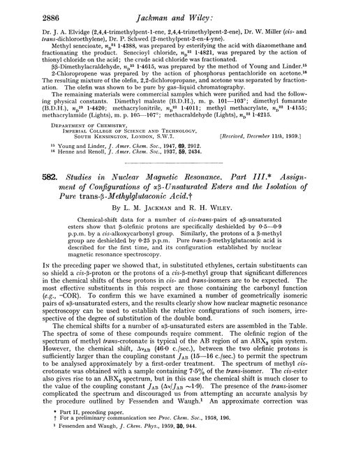 582. Studies in nuclear magnetic resonance. Part III. Assignment of configurations of αβ-unsaturated esters and the isolation of pure trans-β-methylglutaconic acid