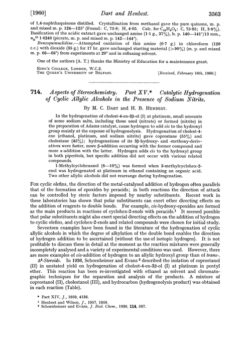 714. Aspects of stereochemistry. Part XV. Catalytic hydrogenation of cyclic allylic alcohols in the presence of sodium nitrite