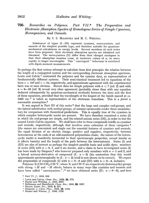 756. Researches on polyenes. Part VII. The preparation and electronic absorption spectra of homologous series of simple cyanines, merocyanines, and oxonols