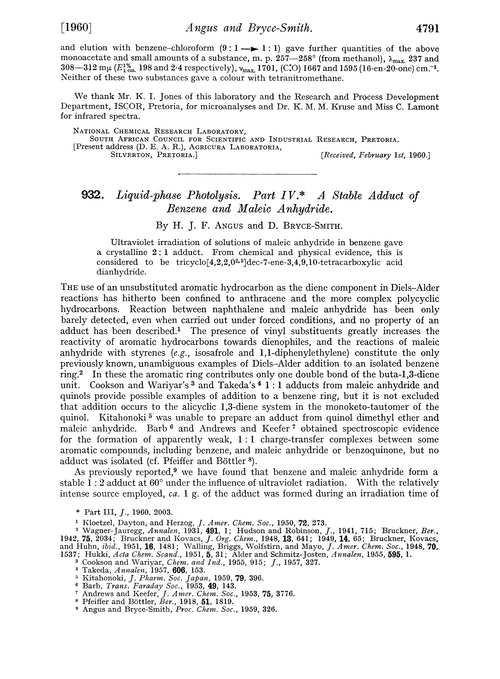 932. Liquid-phase photolysis. Part IV. A stable adduct of benzene and maleic anhydride