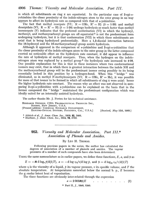952. Viscosity and molecular association. Part III. Association of phenols and amides