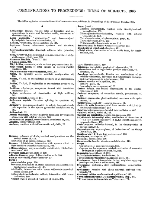 Communications to Proceedings: index of subjects, 1960