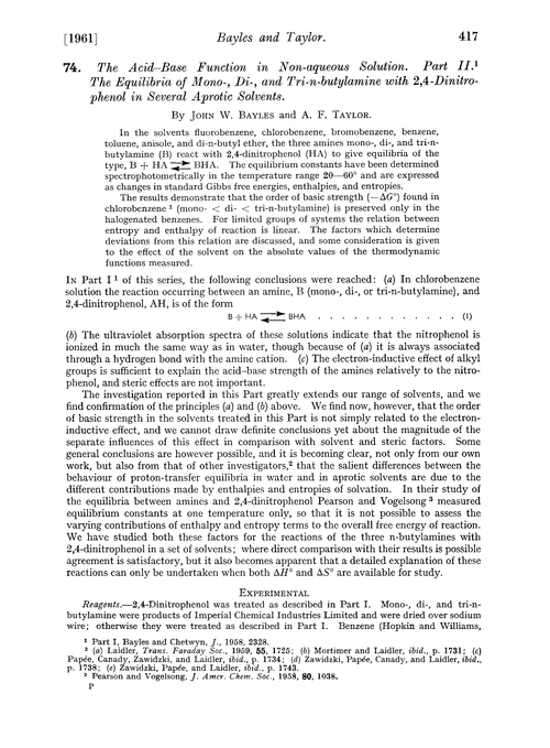 74. The acid–base function in non-aqueous solution. Part II. The equilibria of mono-, di-, and tri-n-butylamine with 2,4-dinitrophenol in several aprotic solvents