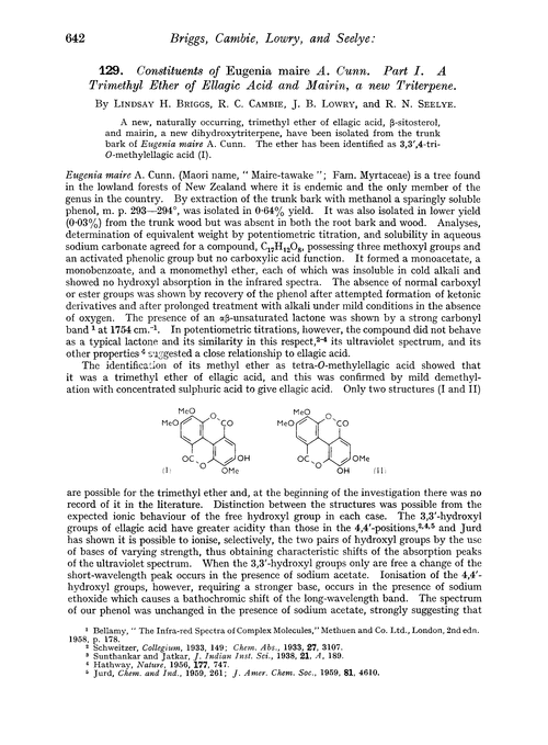 129. Constituents of Eugenia maire A. Cunn. Part I. A trimethyl ether of ellagic acid and mairin, a new triterpene