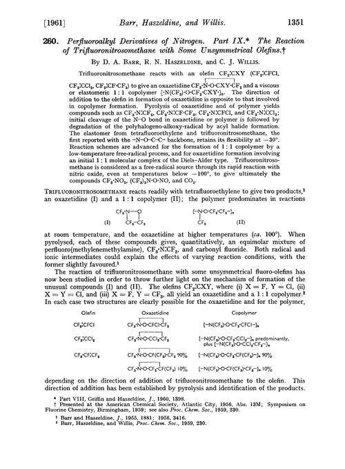 260. Perfluoroalkyl derivatives of nitrogen. Part IX. The reaction of trifluoronitrosomethane with some unsymmetrical olefins
