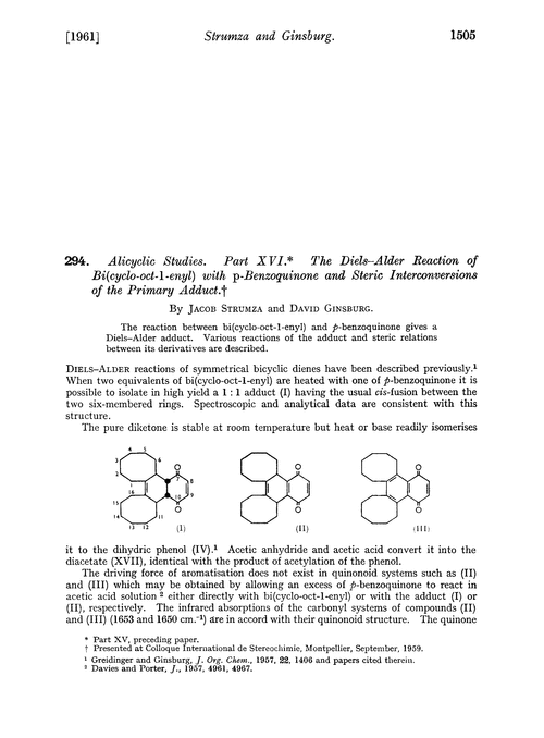 294. Alicyclic studies. Part XVI. The Diels–Alder reaction of bi(cyclo-oct-1-enyl) with p-benzoquinone and steric interconversions of the primary adduct