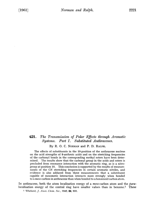 421. The transmission of polar effects through aromatic systems. Part I. Substituted anthracenes