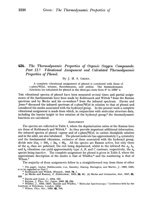 424. The thermodynamic properties of organic oxygen compounds. Part II. Vibrational assignment and calculated thermodynamic properties of phenol