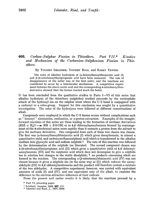 466. Carbon–sulphur fission in thioethers. Part VII. Kinetics and mechanism of the carbanion–sulphenium fission in thioethers