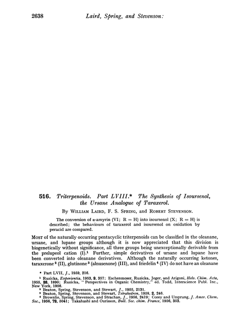 516. Triterpenoids. Part LVIII. The synthesis of isoursenol, the ursane analogue of taraxerol
