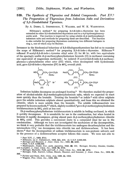 518. The synthesis of thyroxine and related compounds. Part XV. The preparation of thyronines from iodonium salts and derivatives of 3,5-disubstituted tyrosines