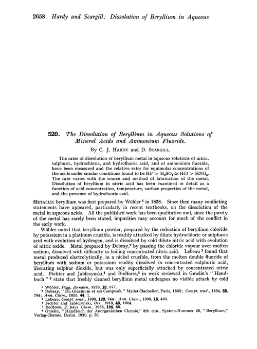 520. The dissolution of beryllium in aqueous solutions of mineral acids and ammonium fluoride