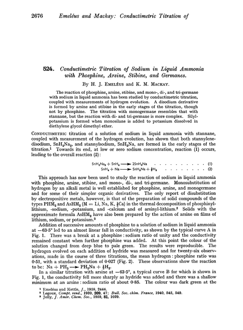 524. Conductimetric titration of sodium in liquid ammonia with phosphine, arsine, stibine, and germanes